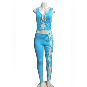 May pink.  Blue Cut-Out Jumpsuit